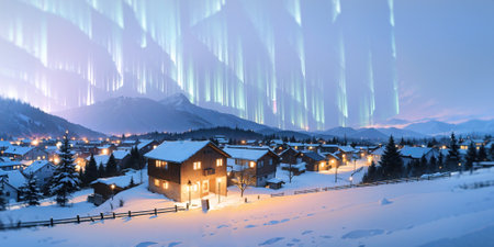 anime style background, winter landscape aurora, mountain, village, lake, europe, snow, Alps, norwegian nature, night, generative ai, generative, aiの素材