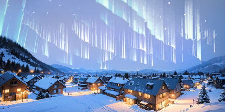 anime style background, winter landscape aurora, mountain, village, lake, europe, snow, Alps, norwegian nature, night, generative ai, generative, aiの素材