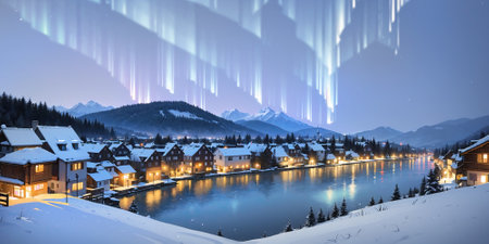 anime style background, winter landscape aurora, mountain, village, lake, europe, snow, Alps, norwegian nature, night, generative ai, generative, aiの素材