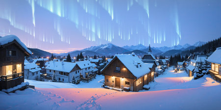 anime style background, winter landscape aurora, mountain, village, lake, europe, snow, Alps, norwegian nature, night, generative ai, generative, aiの素材