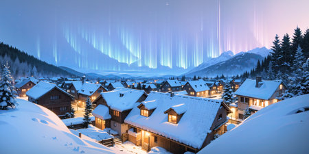anime style background, winter landscape aurora, mountain, village, lake, europe, snow, Alps, norwegian nature, night, generative ai, generative, aiの素材