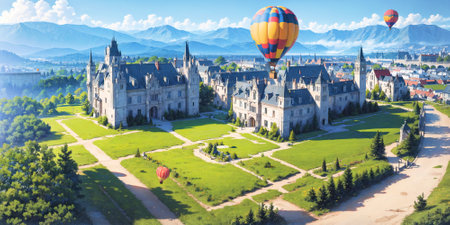 anime style landscape background, hot air balloons, hotair balloon, castle, field, snow, hill, mountain, blue sky, sunny, generative ai, generative, aiの素材