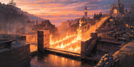 anime style background, landscape, hell, fire, flame, lava, city, town, aiの素材
