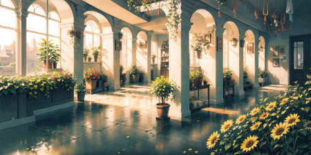 anime style background, landscape, park, greenhouse, garden, backyard, architecture, blue sky, generative ai, generative, aiの素材