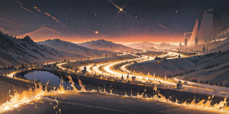 anime style background, landscape, golden river, beautiful sunrise over the mountains, field, panorama, generative ai, generative, aiの素材