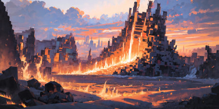 anime style background, landscape, hell, fire, flame, lava, city, town, aiの素材