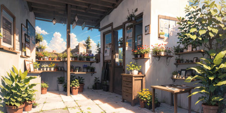 anime style background, landscape, park, greenhouse, garden, backyard, architecture, blue sky, generative ai, generative, aiの素材
