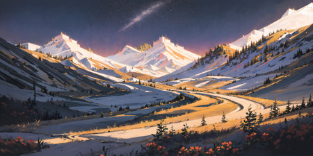 anime style background, landscape, golden river, beautiful sunrise over the mountains, field, panorama, generative ai, generative, aiの素材