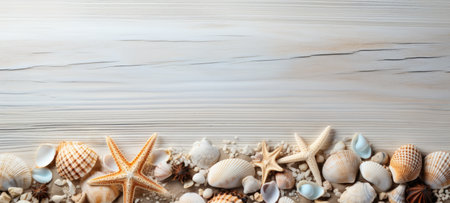 seashells on wood and sand summerの素材