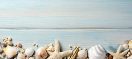 seashells on wood and sand summerの素材