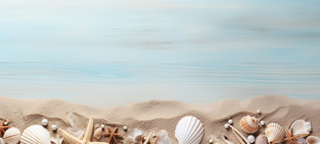 seashells on wood and sand summerの素材