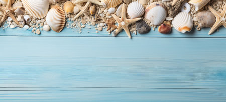 seashells on wood and sand summerの素材
