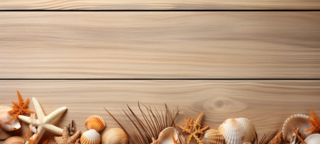 seashells on wood and sand summerの素材