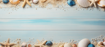 seashells on wood and sand summerの素材