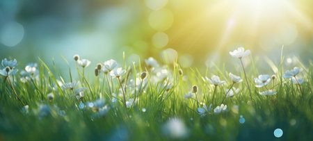 grass sunlight spring summer with dew, aiの素材
