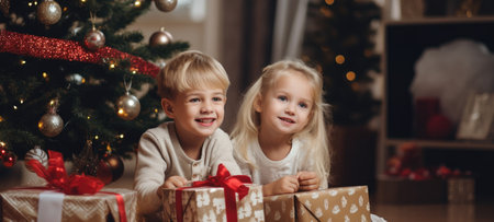 5 years old blonde girl and boy children getting xmas gift present christmas tree, aiの素材