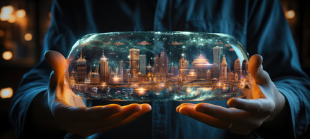 man touch futuristic tablet interface city, aiの素材