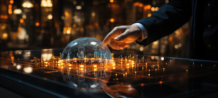 man touch futuristic tablet interface city, aiの素材