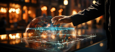 man touch futuristic tablet interface city, aiの素材