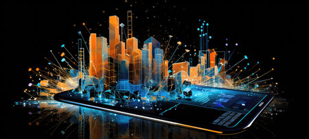 abstract digital business city smart phone, aiの素材