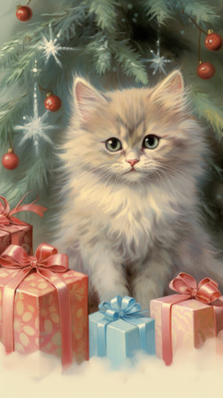 vintage card xmas christmas tree and cat, aiの素材