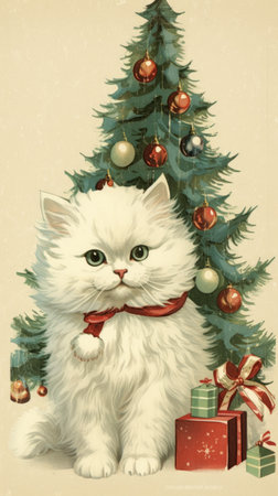 vintage card xmas christmas tree and cat, aiの素材