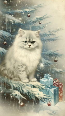 vintage card xmas christmas tree and cat, aiの素材