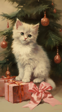 vintage card xmas christmas tree and cat, aiの素材