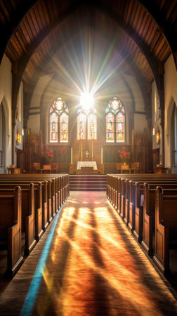 interior of a cathedral church with stained glass and light, aiの素材