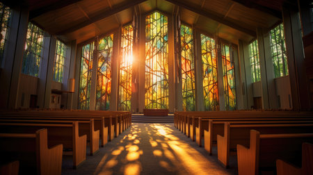 interior of a cathedral church with stained glass and light, aiの素材