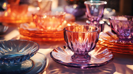 transparent glass retro dish colorful tableware, aiの素材