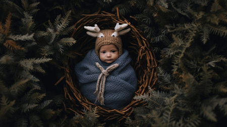 new born baby portrait wearing a deer costume in forest, aiの素材