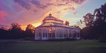 white metal victorian glass house at sunsetの素材