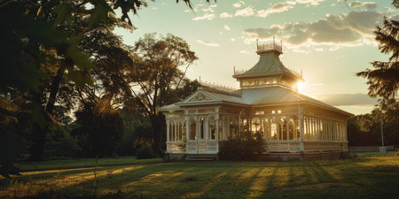 white metal victorian glass house at sunsetの素材