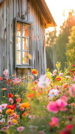 wooden cottage with many flowersの素材