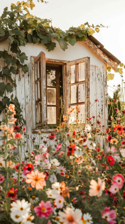 wooden cottage with many flowersの素材