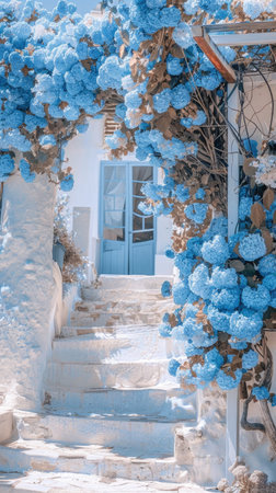 Mediterranean house greece white and blue with flowersの素材