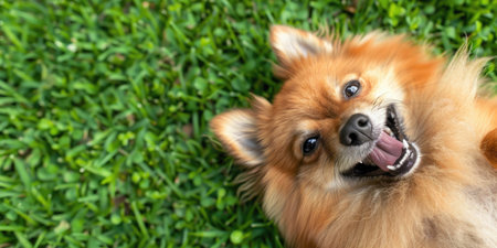 Happy pomeranian dog lying on the back on a green meadowの素材