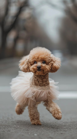 brown toy poodle wearing pink pet clothes dress on streetの素材
