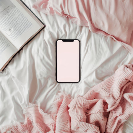 smart phone mockup on bed, feminine soft and pinkの素材