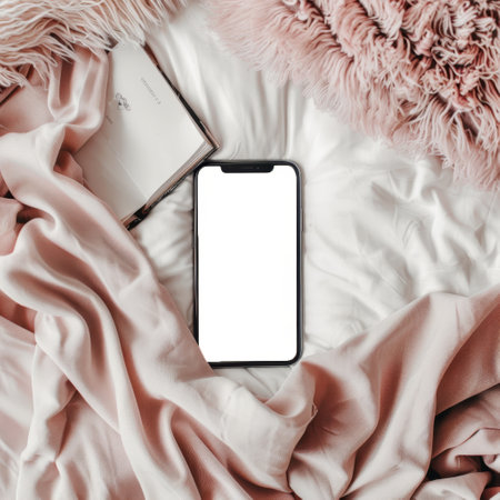smart phone mockup on bed, feminine soft and pinkの素材