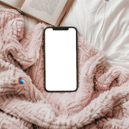 smart phone mockup on bed, feminine soft and pinkの素材