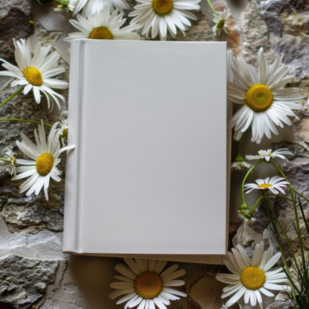 blank book mockup with daisiesの素材