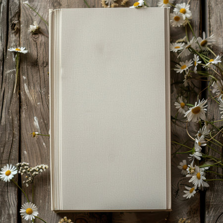 blank book mockup with daisiesの素材