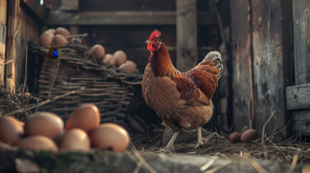 hen chicken in a barn with eggsの素材