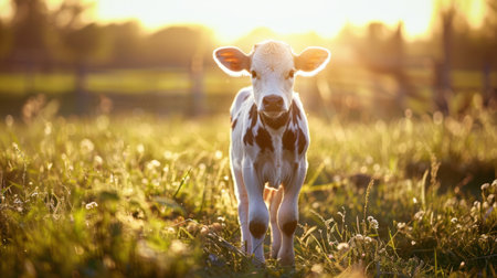 baby cow in a golden field sunlightの素材