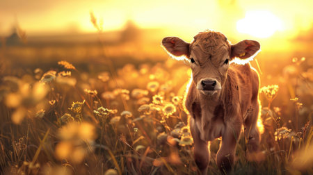 baby cow in a golden field sunlightの素材