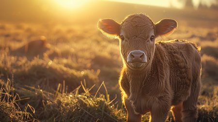 baby cow in a golden field sunlightの素材