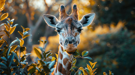 A photo of a standing giraffe eating leavesの素材
