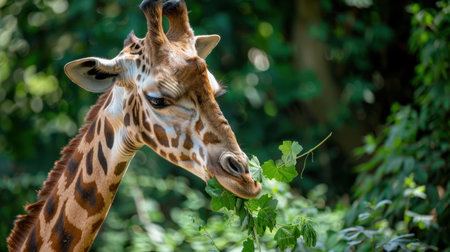A photo of a standing giraffe eating leavesの素材